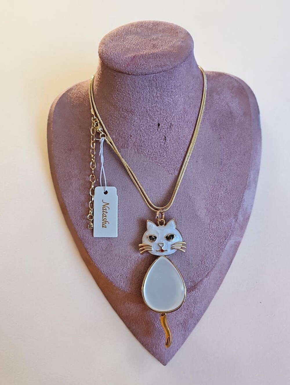 Natasha Couture  Nwt White Cat Pendant Necklace - Gold Chain